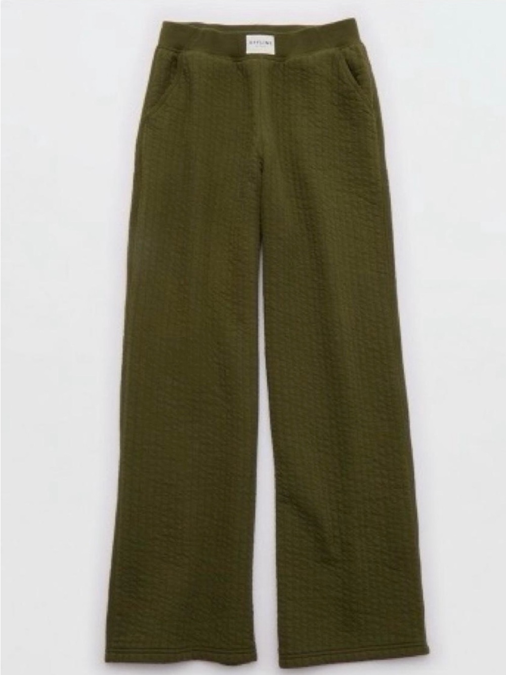 aerie Quilted Wide-Leg Pants in Olive Green